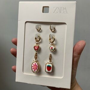 ZARA NWT Gold-Tone Drop Earrings with Pink, Red & Green Enamel Charms fruit fun